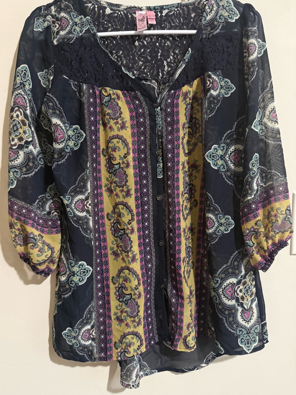FANG Navy Paisley Button-Front Blouse with Yellow and Pink Accents
